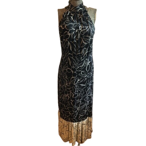 LAUNDRY BY SHELLI SEGAL SZ 10 BLACK AND CREAM FLORAL PRINT HALTER MAXI DRESS - Picture 1 of 10